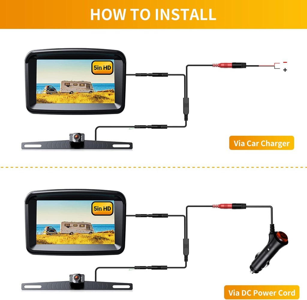 5 Monitor with 1080P Backup Camera for Truck, License Plate 149° Rear View Kits, IP69 Waterproof, Wired Pack of 2 E577