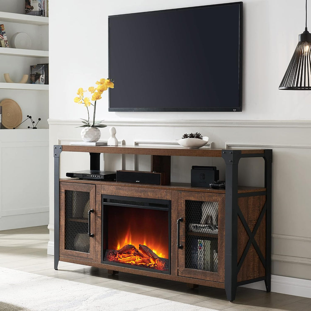 TV Stand with Sturdy Metal Side X-Frame, Dark Rustic Oak Q86178