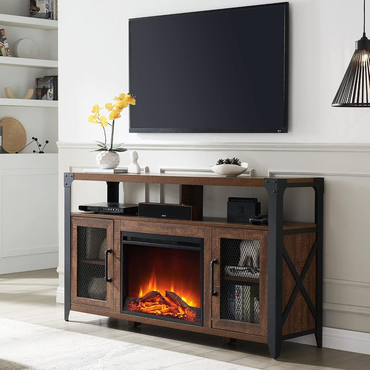 TV Stand with Sturdy Metal Side X-Frame, Dark Rustic Oak Q86178