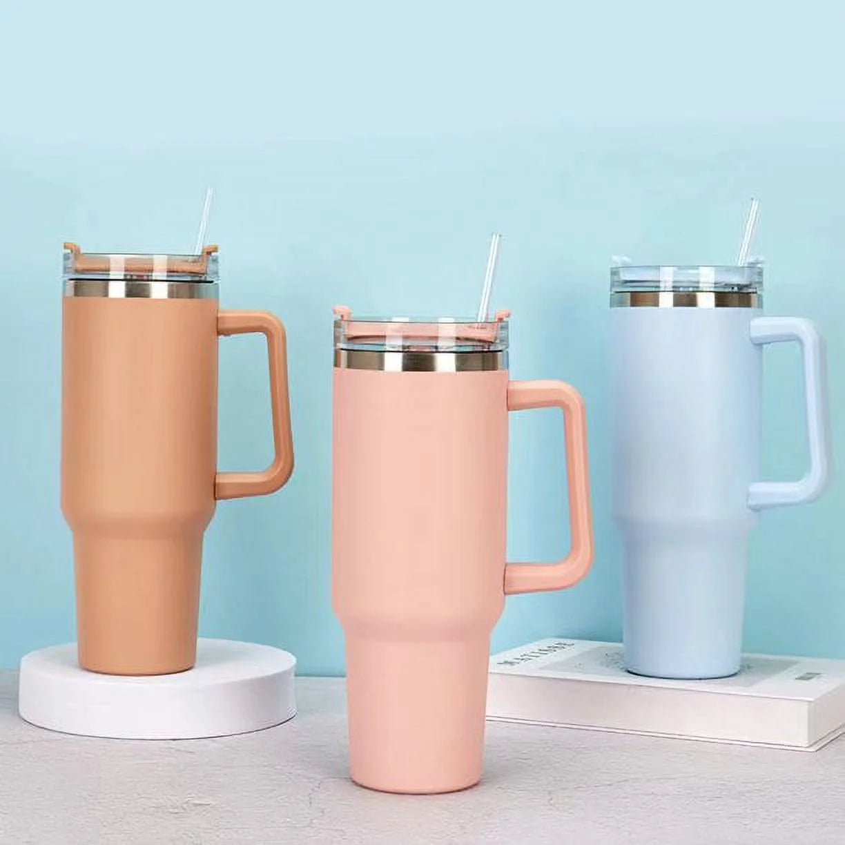40 oz Insulated Stainless Steel Tumbler with Handle and Straw lid L67172