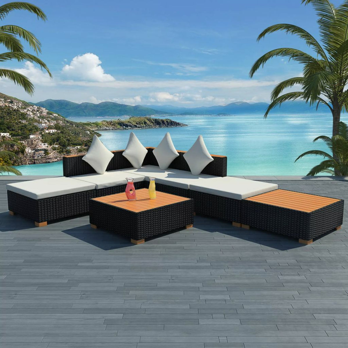 7 Piece Outdoor Sectional Sofa Set with Coffee Table and Ottoman Black Poly Rattan T876