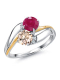 925 Sterling Silver 10K Yellow Gold Peach Morganite Red Ruby 5MM Round 2 Stone Lab Grown Diamond Accent Ring X5672