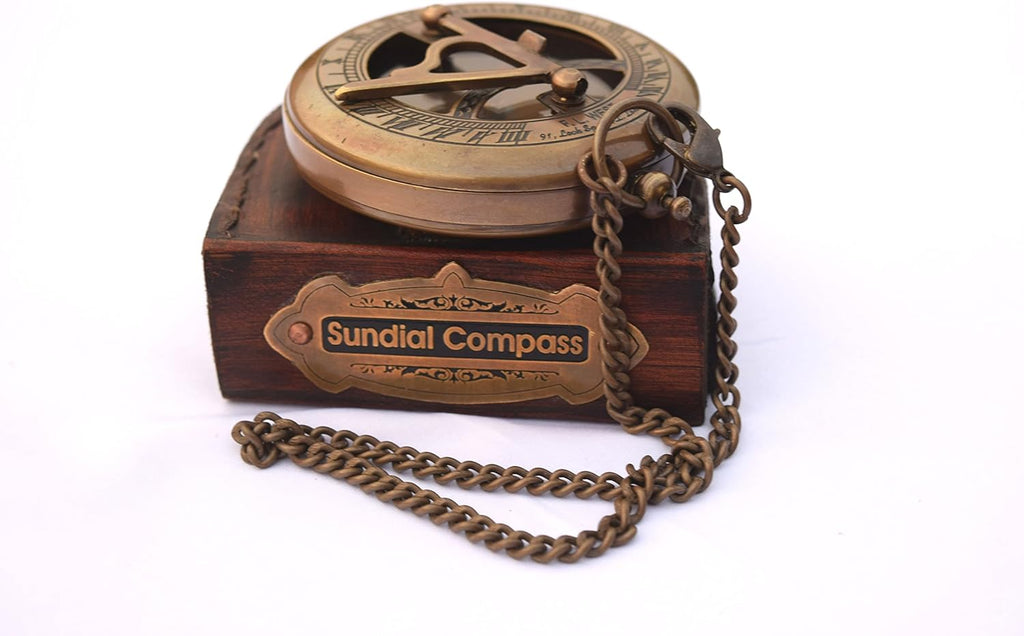 Brass Sundial Compass with Leather Case and Chain X6406