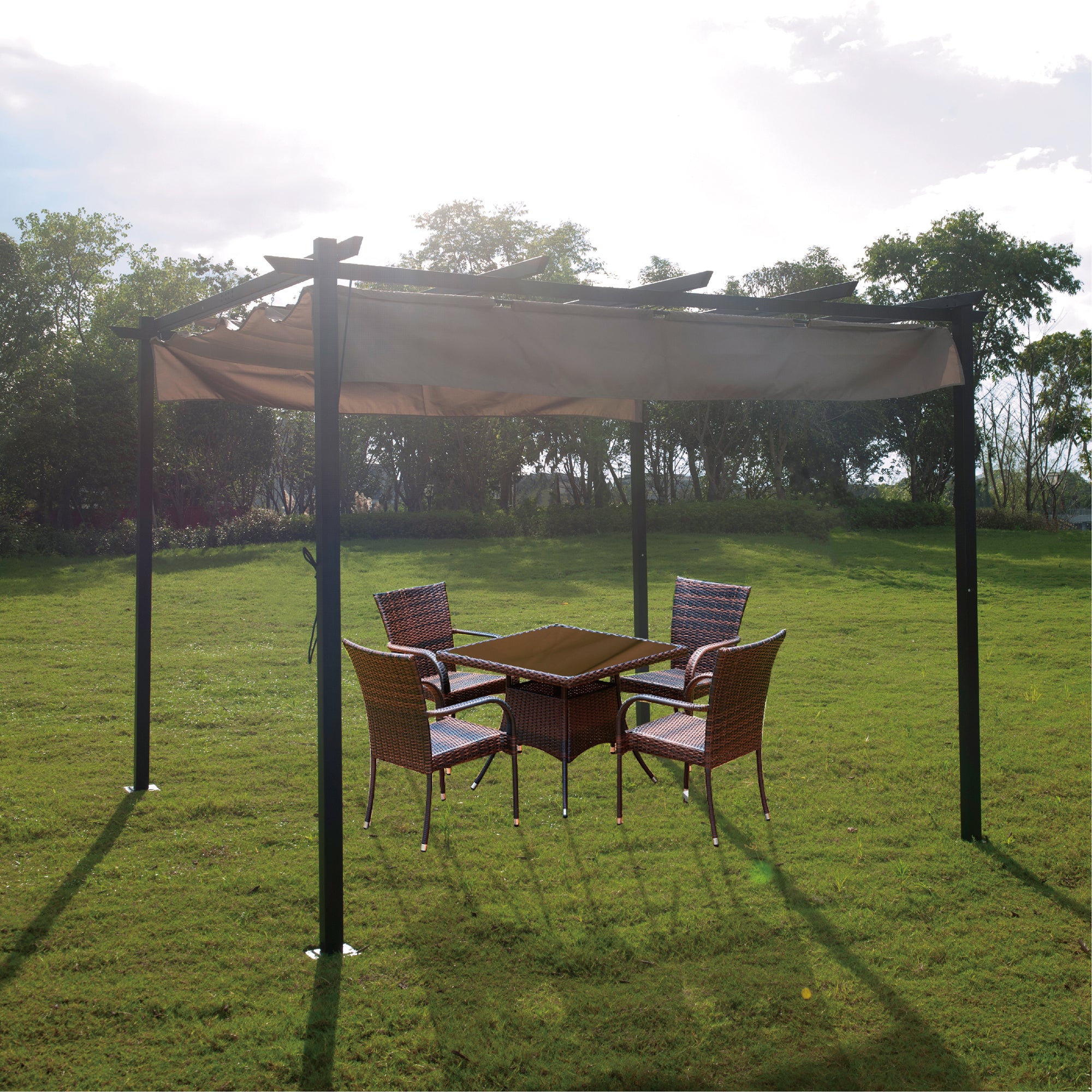 9 x 9 Ft Outdoor Steel Pergola Gazebo with Sun Shades Canopy C450532
