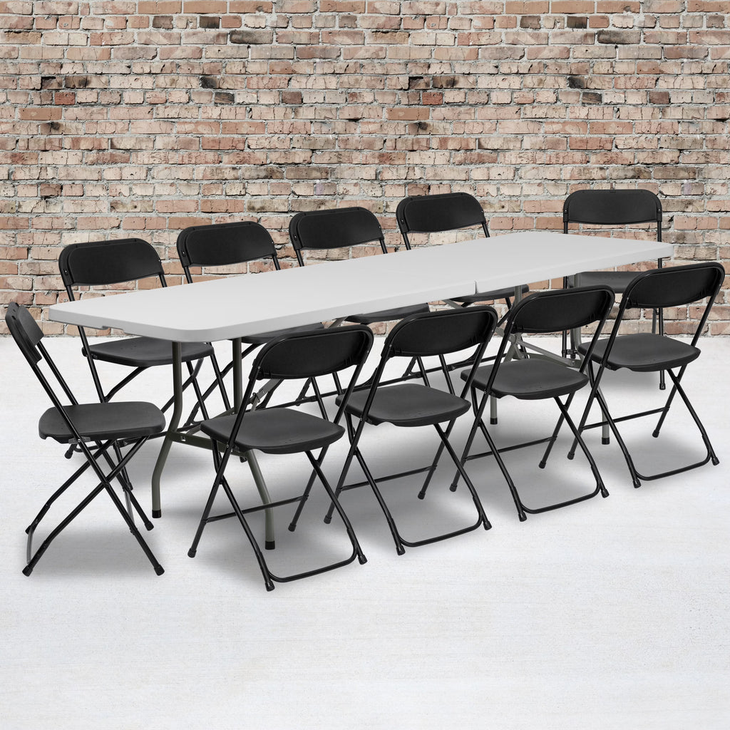 8' Bifold Granite White Plastic Folding Table Set With 10 Folding Chairs I213