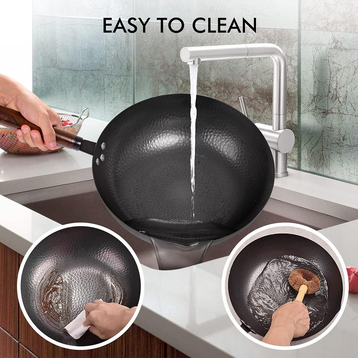 13 Pcs Carbon Steel Wok with Wooden Lid & Handle U190324