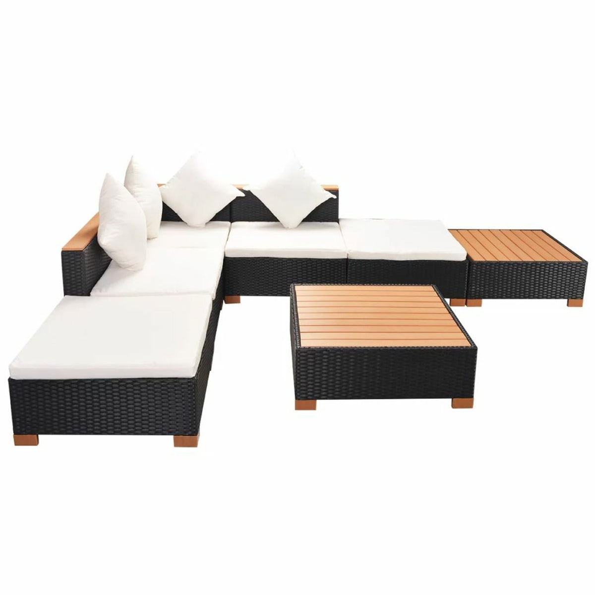 7 Piece Outdoor Sectional Sofa Set with Coffee Table and Ottoman Black Poly Rattan T876