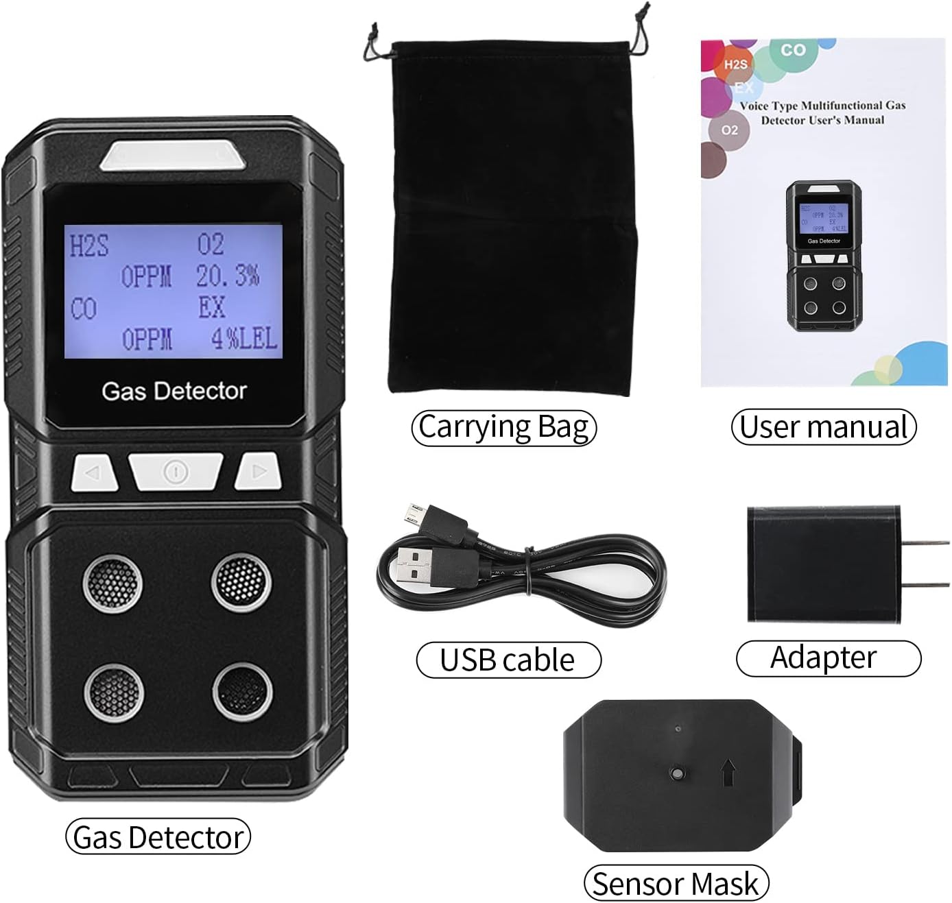 Portable 4 Gas Detector, Rechargeable Multi Gas Monitor, EX O2 H2S CO 4 in 1 Gas Meter H4633