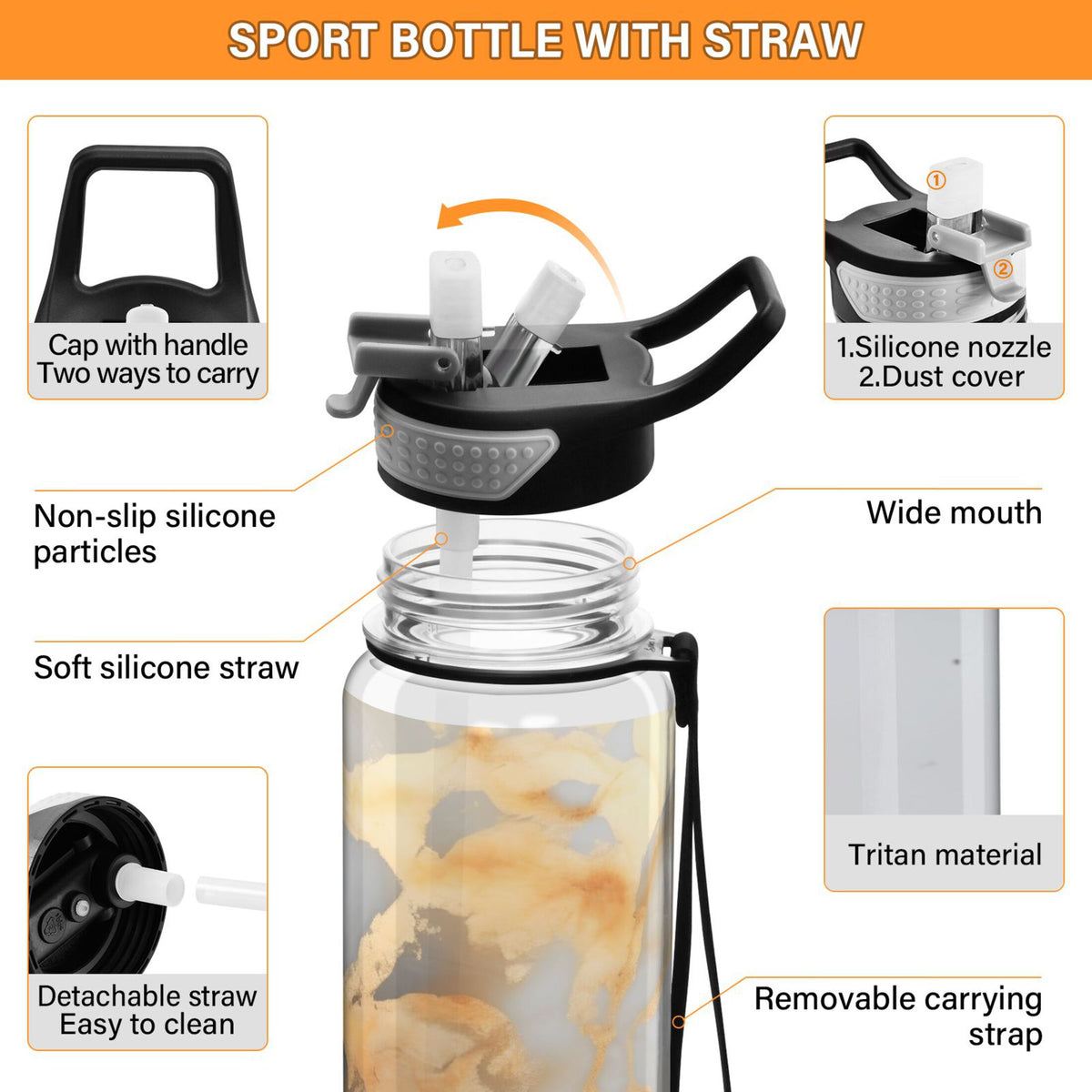 White and Gold Marble 32oz Tritan Water Bottles with Straw T302