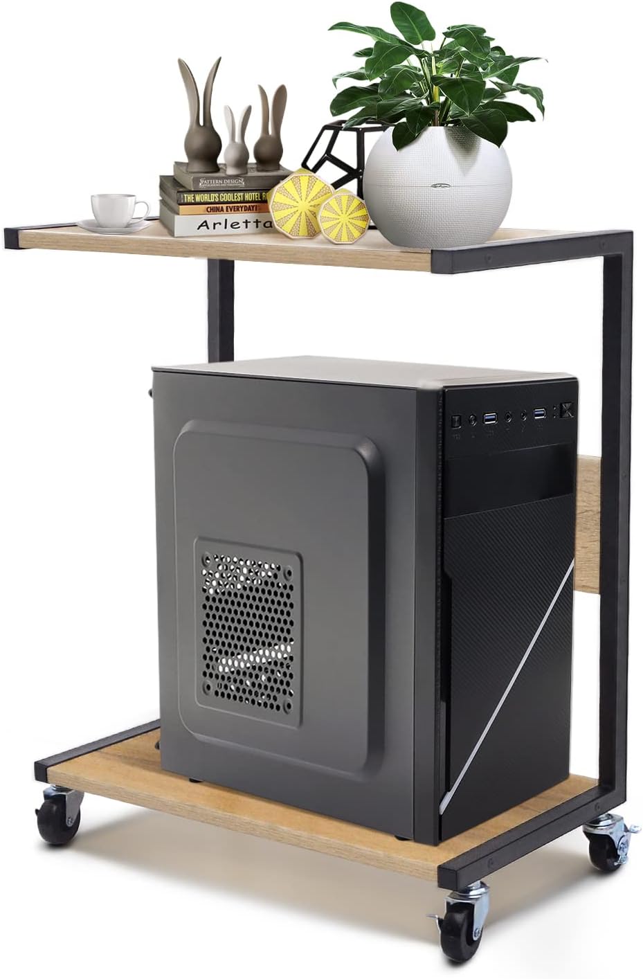 Oak Color C-Shaped Computer Tower Stand with 4 Lockable Wheels P709529