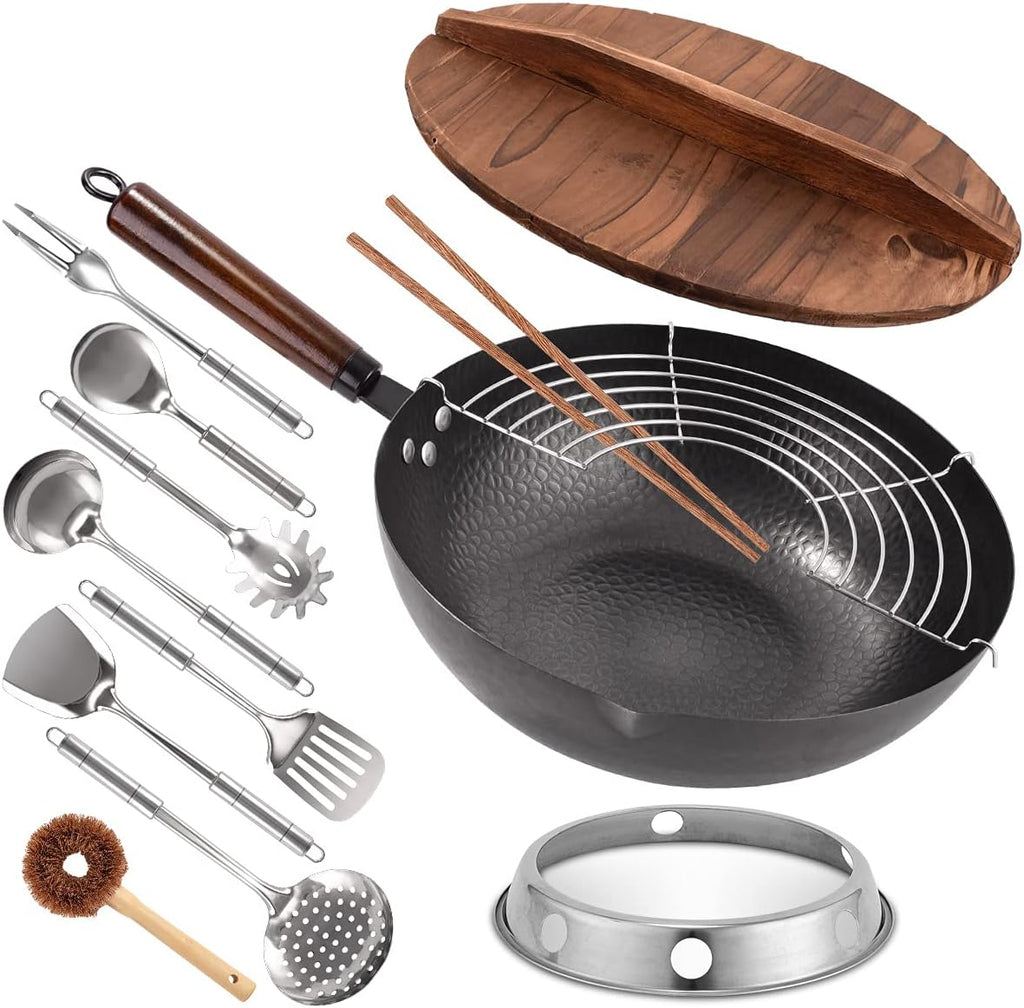 13 Pcs Carbon Steel Wok with Wooden Lid & Handle U190324