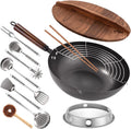 13 Pcs Carbon Steel Wok with Wooden Lid & Handle U190324