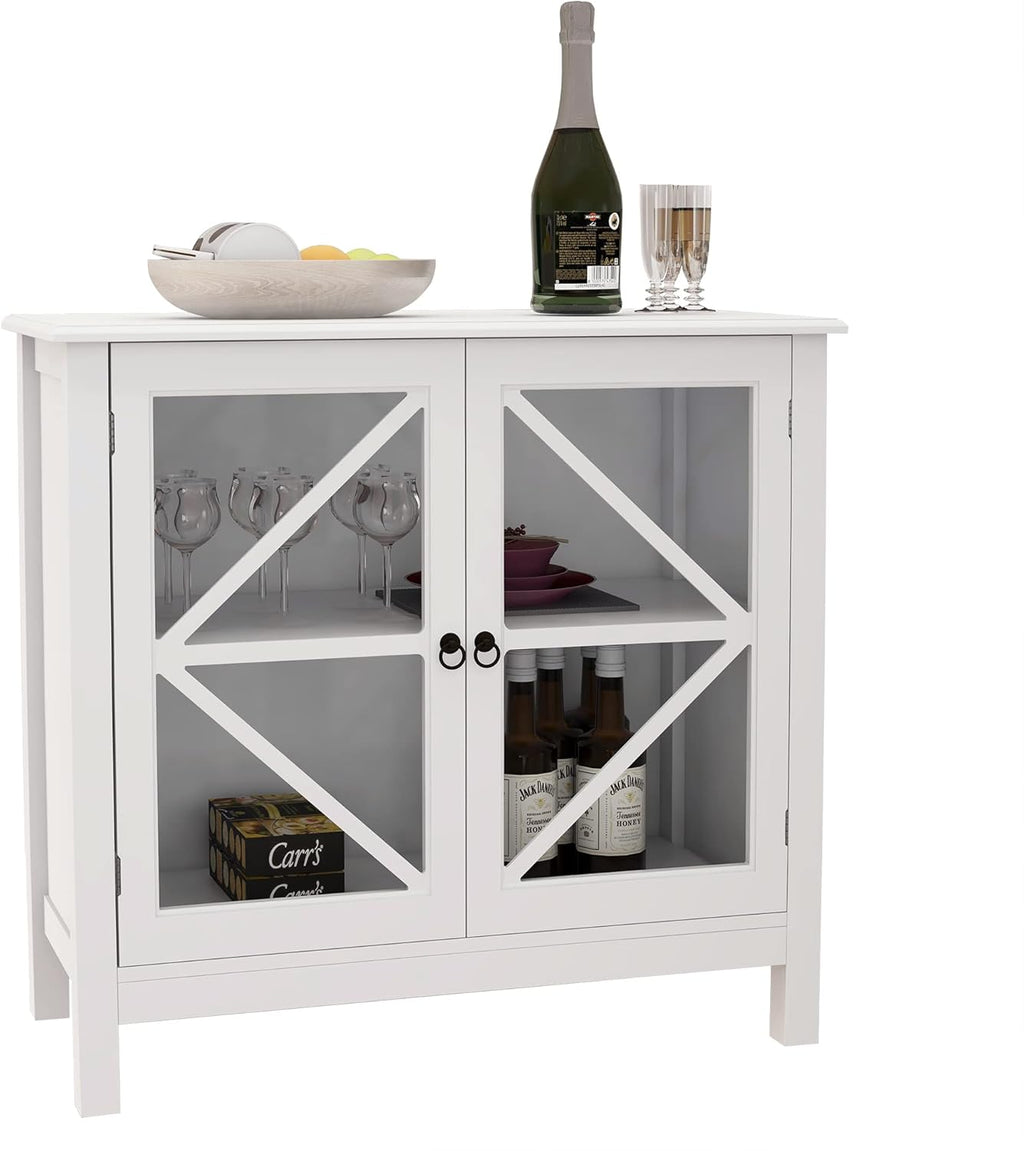 White Small Buffet Sideboard with Double Glass Doors V209