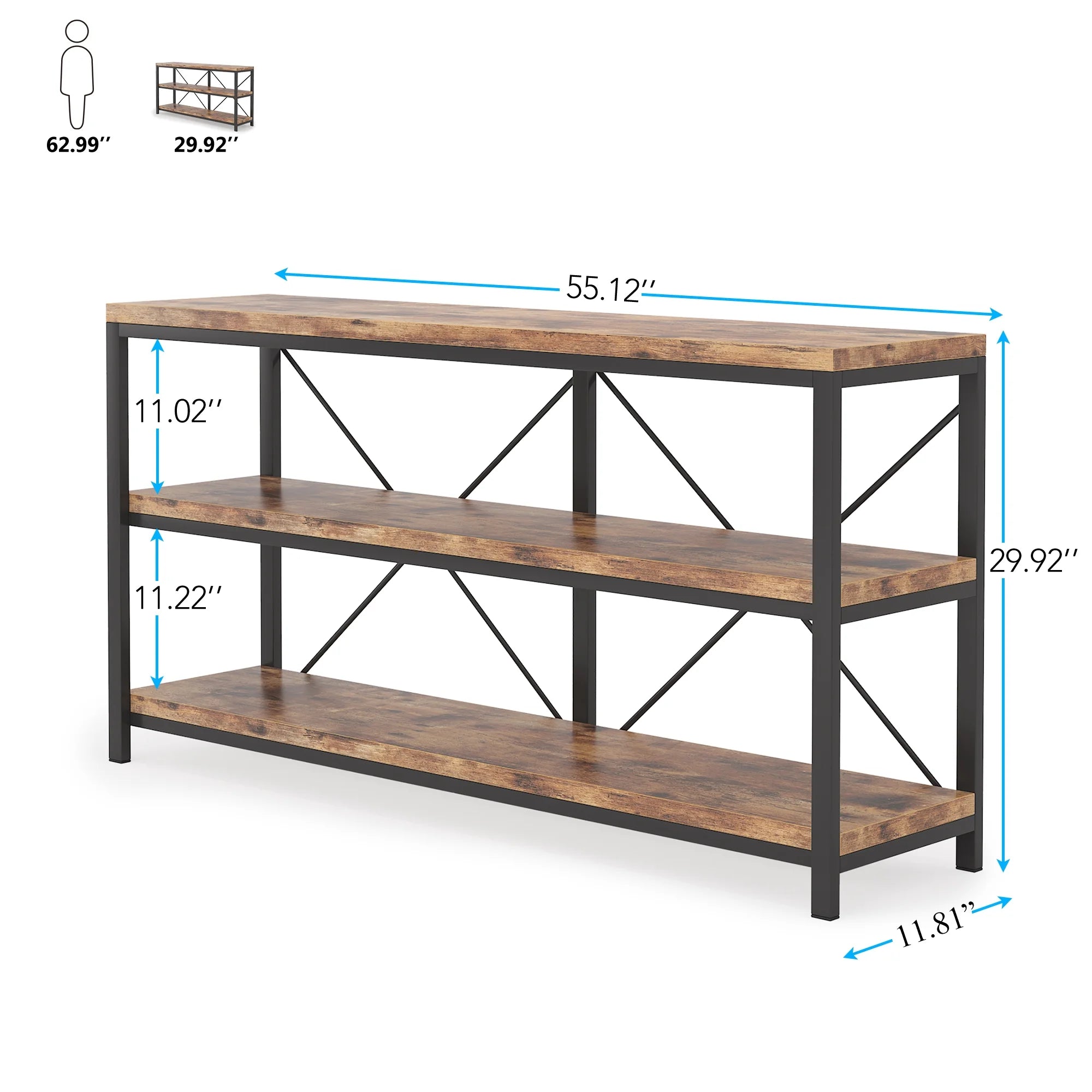 Rustic Industrial 55 Inch Sofa Table with Shelves V1535
