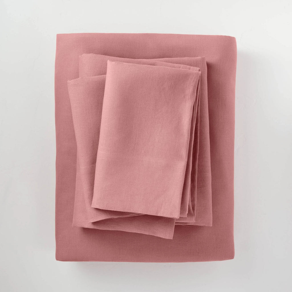 California King 100% Washed Linen Solid Sheet Set Rose B4484