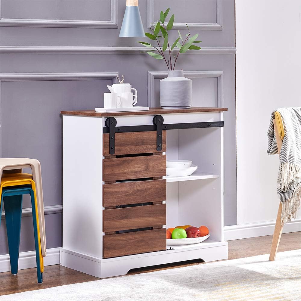 White+Dark Walnut Barn Door Buffet Console Table with Sliding Door I555