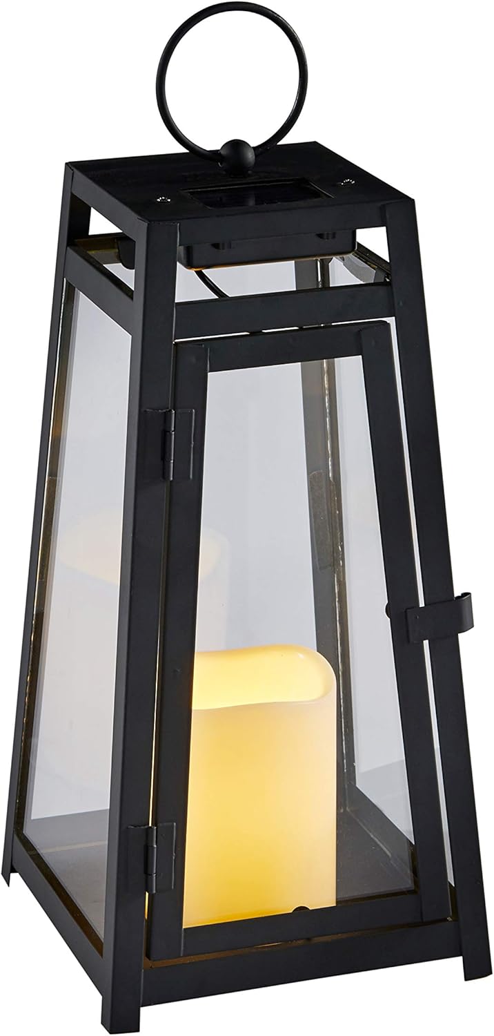 14” Black Metal Solar Powered LED Flameless Candle Lantern V31754