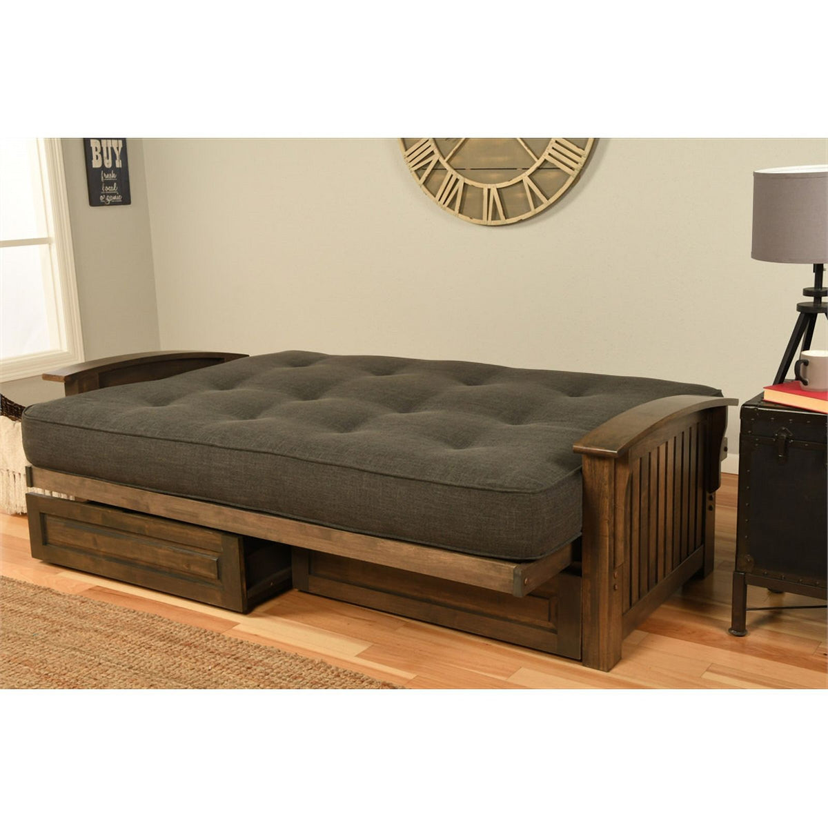 Rustic Walnut Brown Futon with Storage Drawers U2902