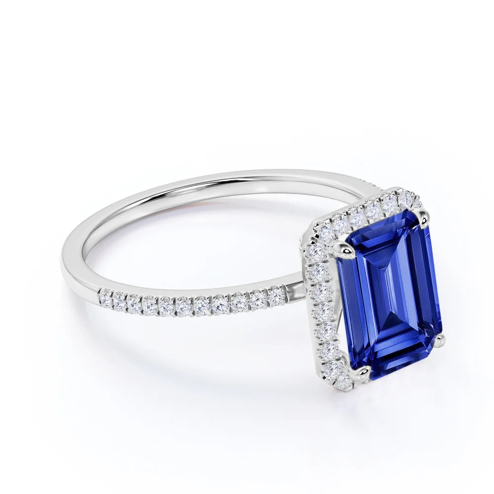 18k White Gold over Silver Emerald Cut Synthetic Sapphire Engagement Ring L302181
