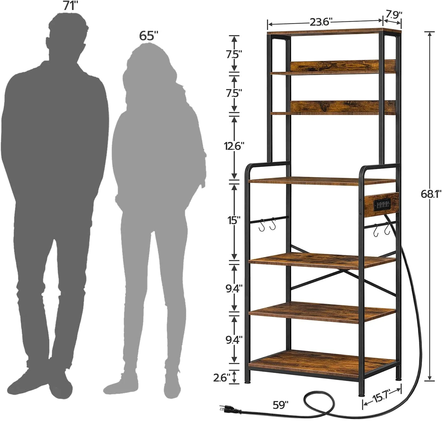Rustic Brown 7-Tier Kitchen Storage Shelf Rack with Power Outlet X9843