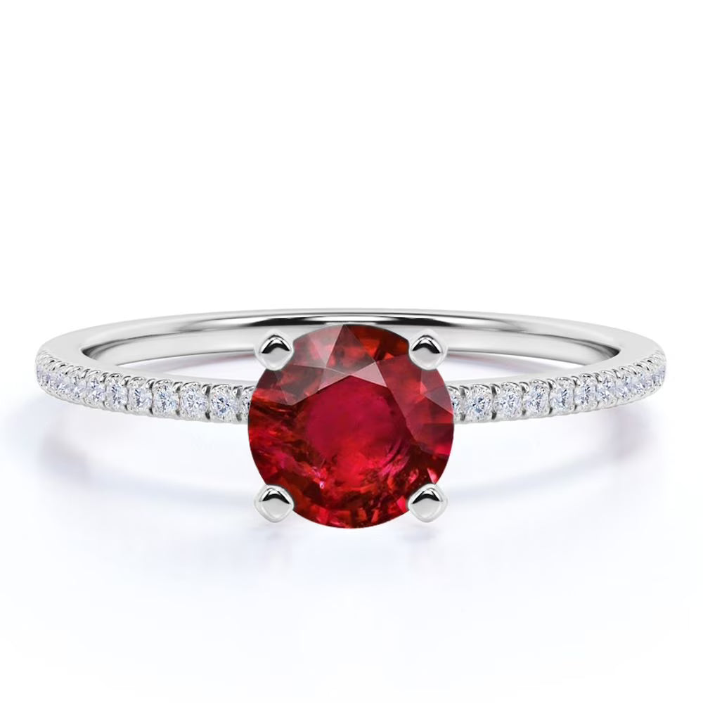 1 Carat Round Cut Simulated Ruby Engagement Ring in 18k White Gold over Silver M40623