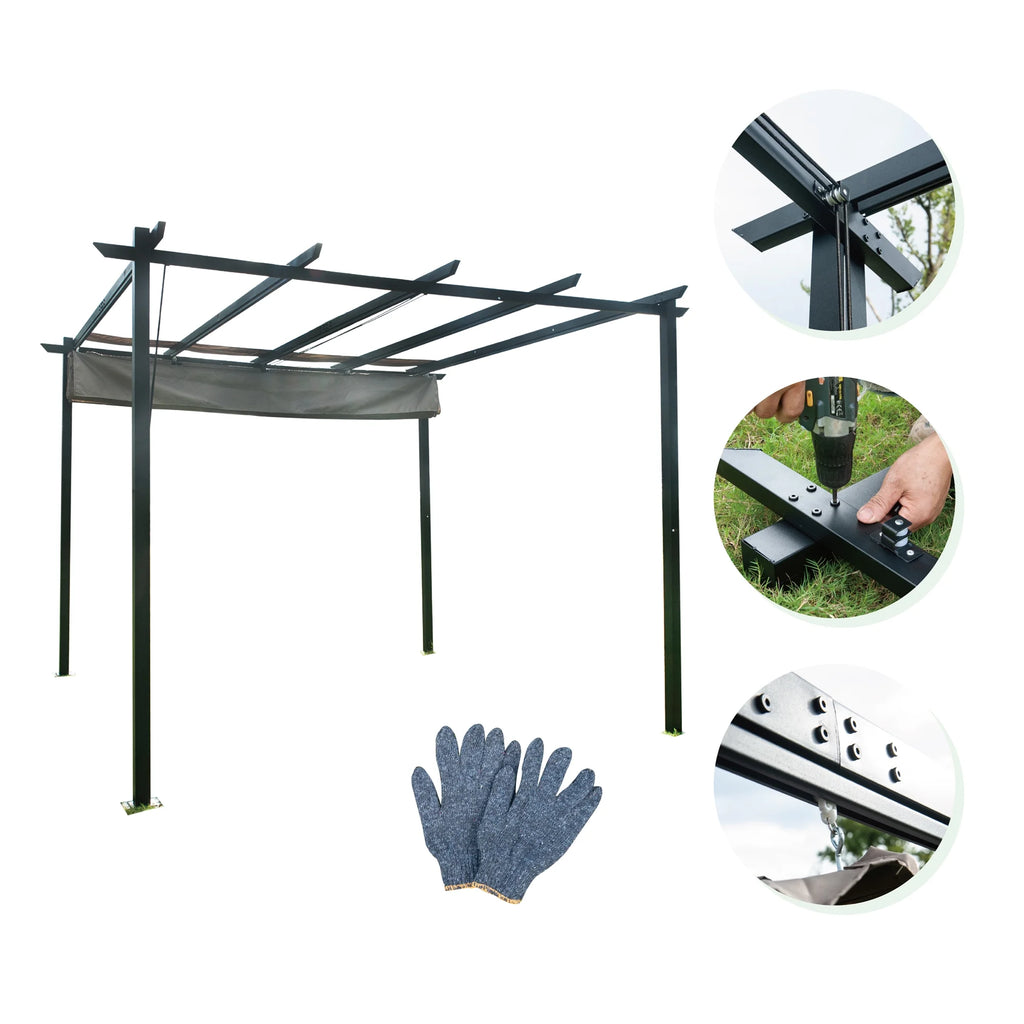 9 x 9 Ft Outdoor Steel Pergola Gazebo with Sun Shades Canopy C450532