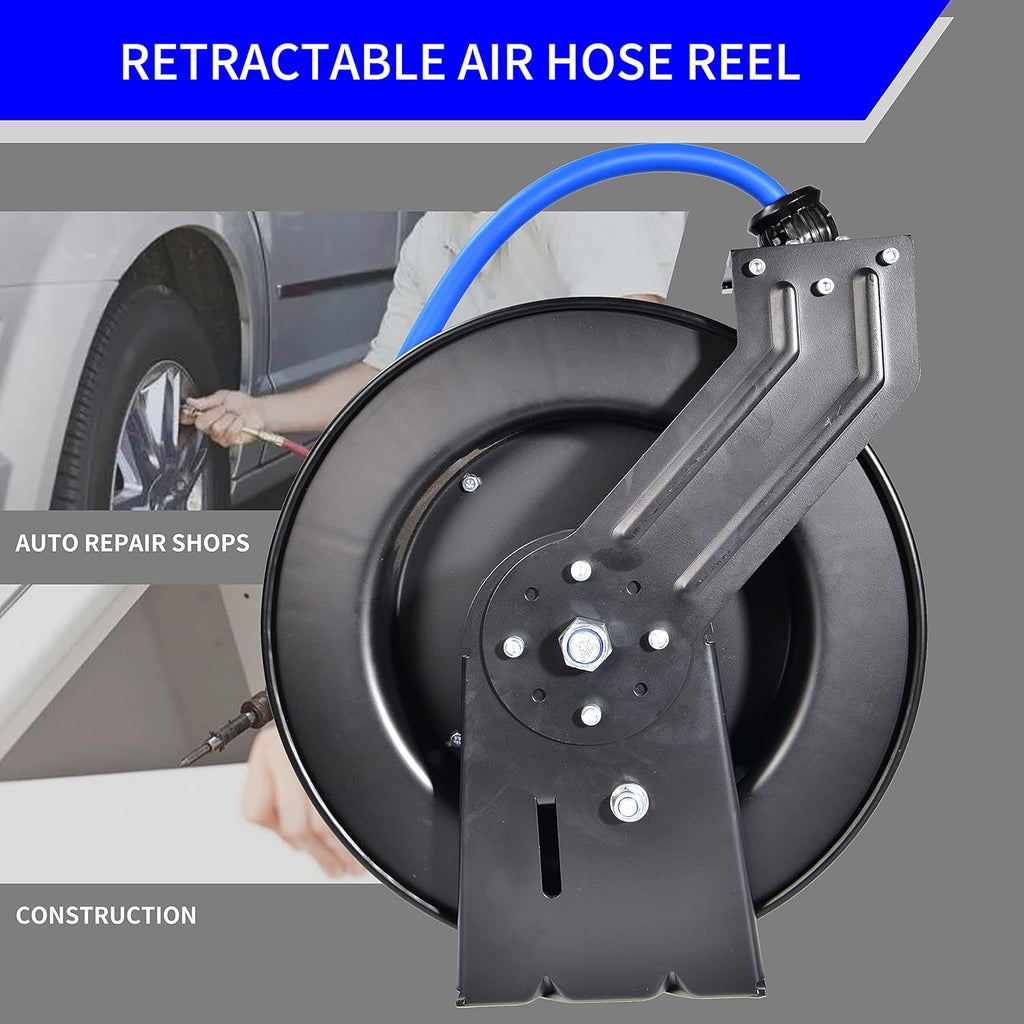 Retractable Air Hose Reel, 1/2" x 50' Ft, Steel, Rubber Hose T649