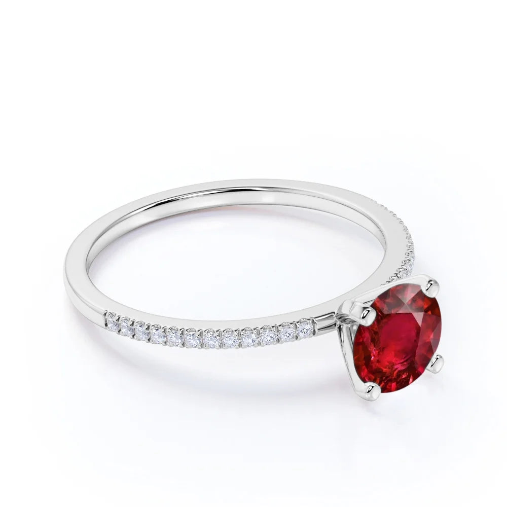1 Carat Round Cut Simulated Ruby Engagement Ring in 18k White Gold over Silver M40623
