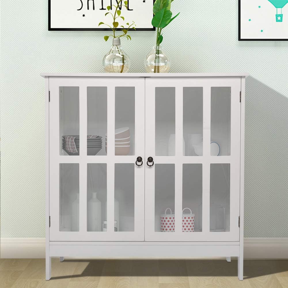 White Small Buffet Sideboard with Double Glass Doors V209