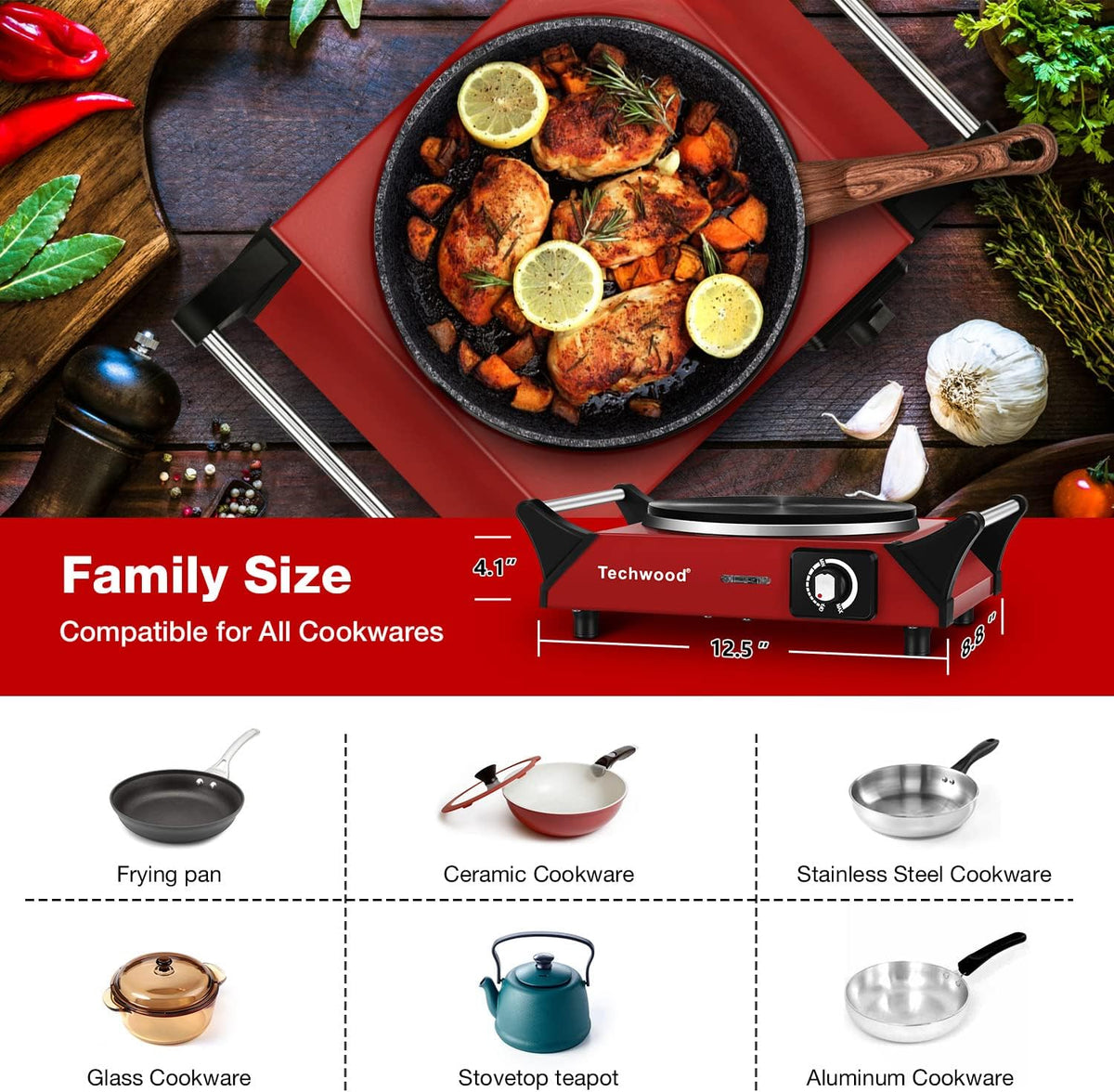 Red 1500W Countertop Single Burner Hot Plate X3686
