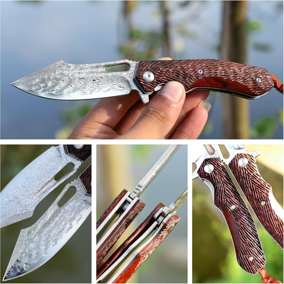 Damascus Steel Pocket Knife with Leather Case O5739