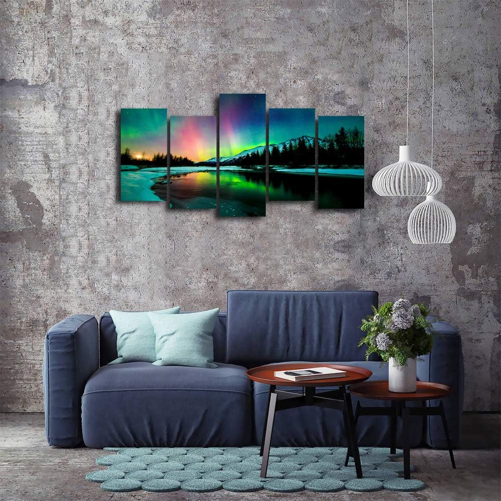5 Pieces Green Aurora Borealis Scenery Canvas Prints Ready to Hang F1926