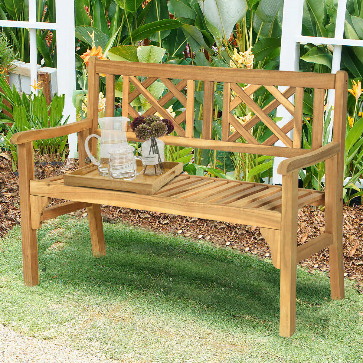 Patio Foldable Bench with Curved Backrest and Armrest W395