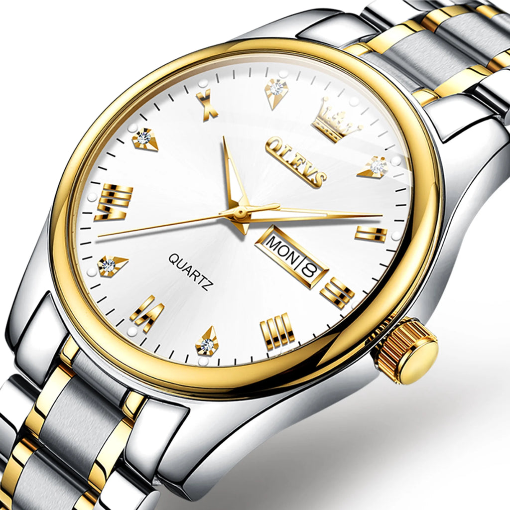 Stainless Steel Analog Quartz Waterproof Luminous Day-Date Wristwatch V403