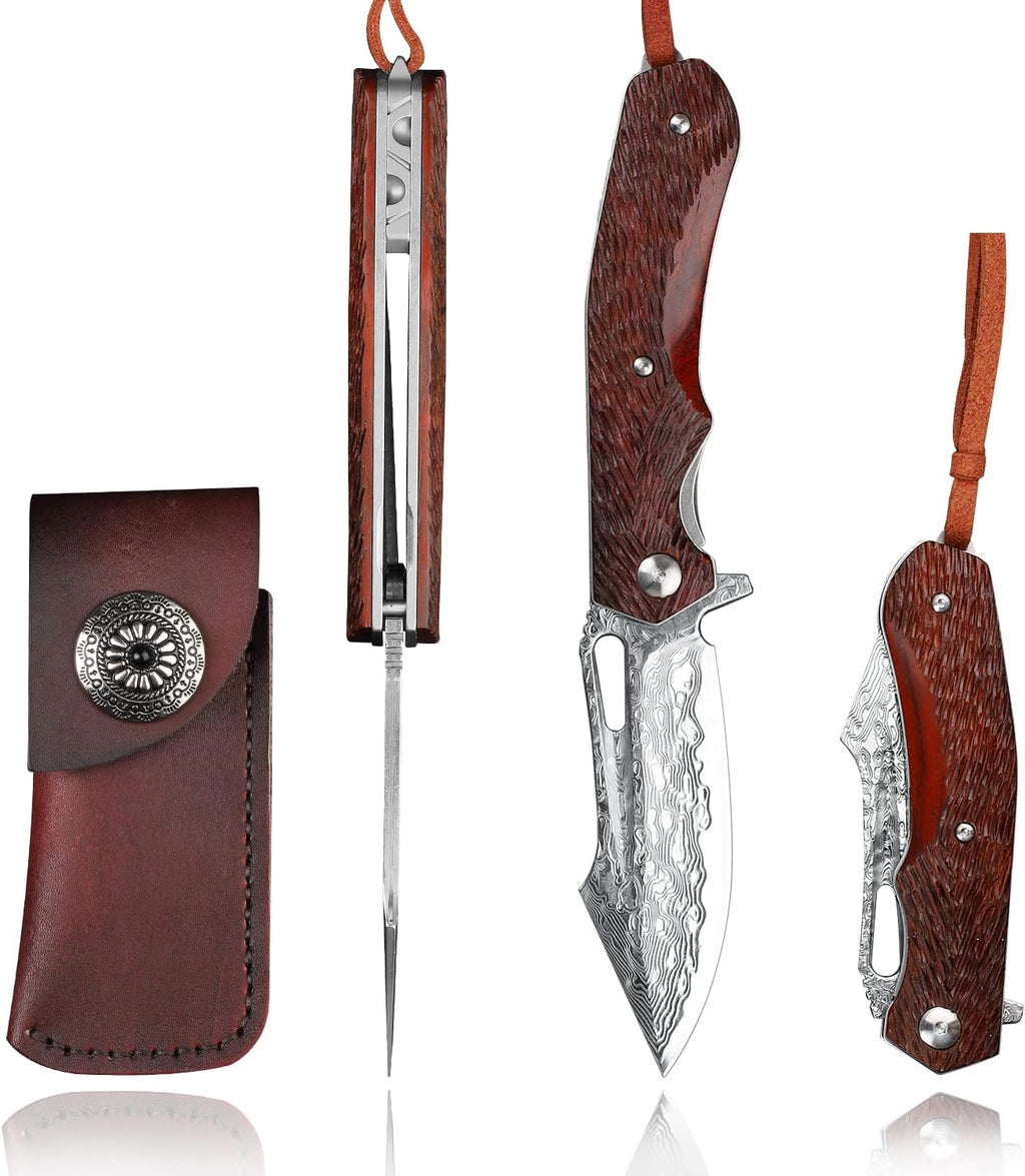Damascus Steel Pocket Knife with Leather Case O5739