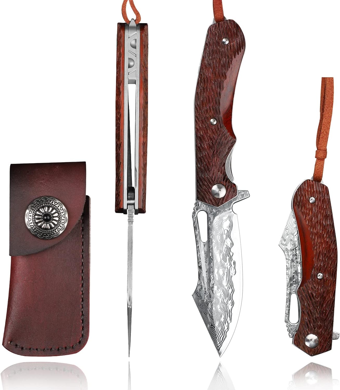 Damascus Steel Pocket Knife with Leather Case O5739