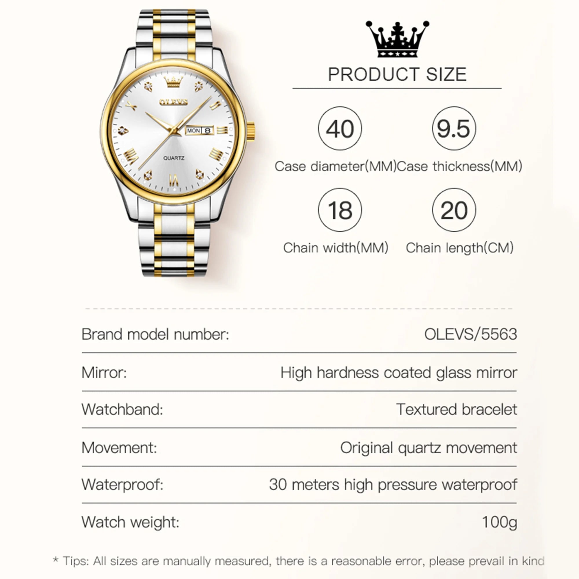 Stainless Steel Analog Quartz Waterproof Luminous Day-Date Wristwatch V403