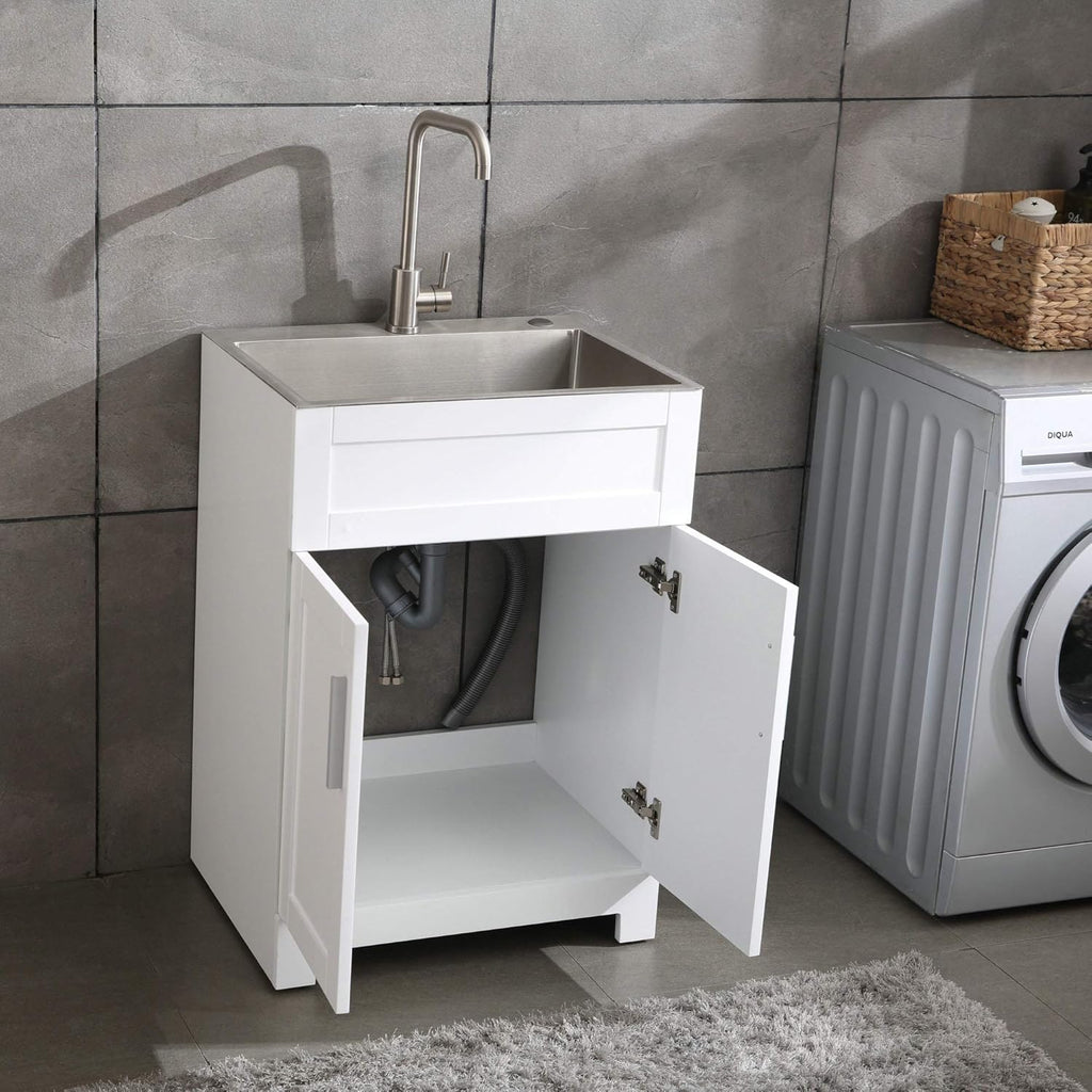White Laundry Utility Cabinet with Stainless Steel Sink and Faucet M3671