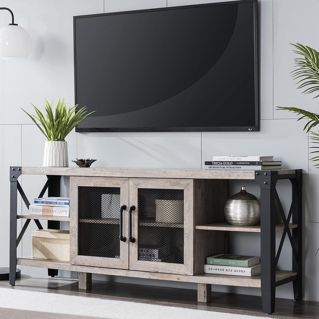 TV Stand with Sturdy Metal Side X-Frame, Dark Rustic Oak Q86178