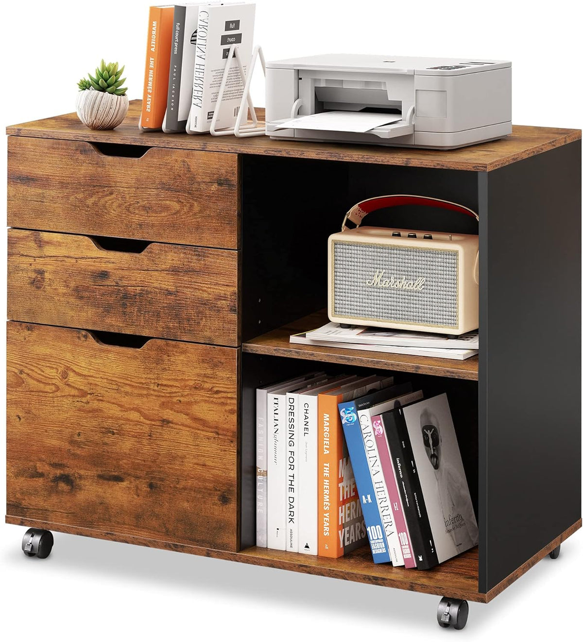 3-Drawer Wood File Cabinet with Open Storage Shelves, Rustic Brown B78862