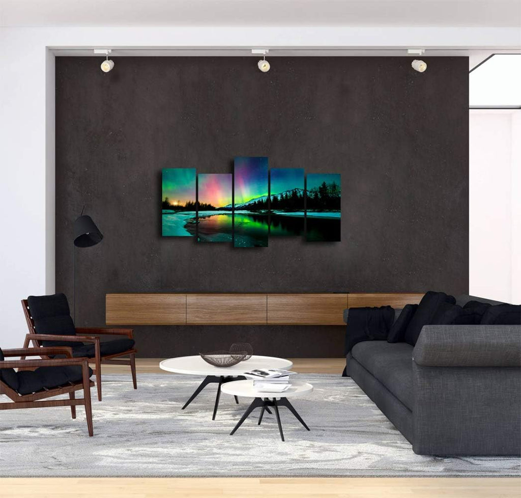 5 Pieces Green Aurora Borealis Scenery Canvas Prints Ready to Hang F1926