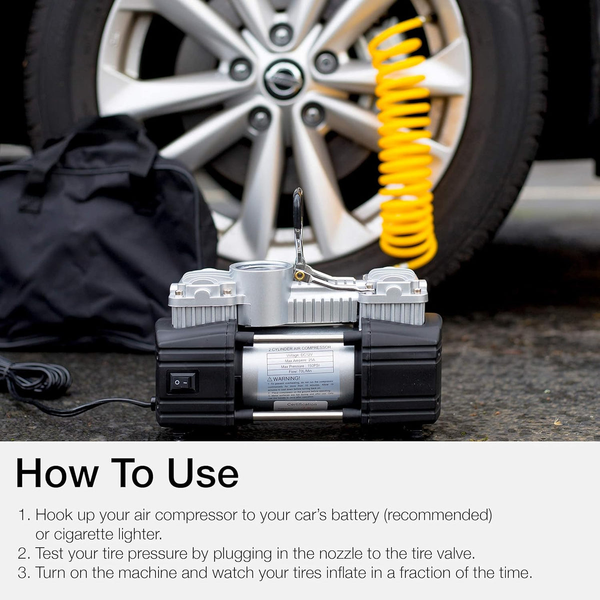 Portable Double Cylinder 150 PSI Air Compressor Tire Inflator, 12V, Pack of 2 E1386