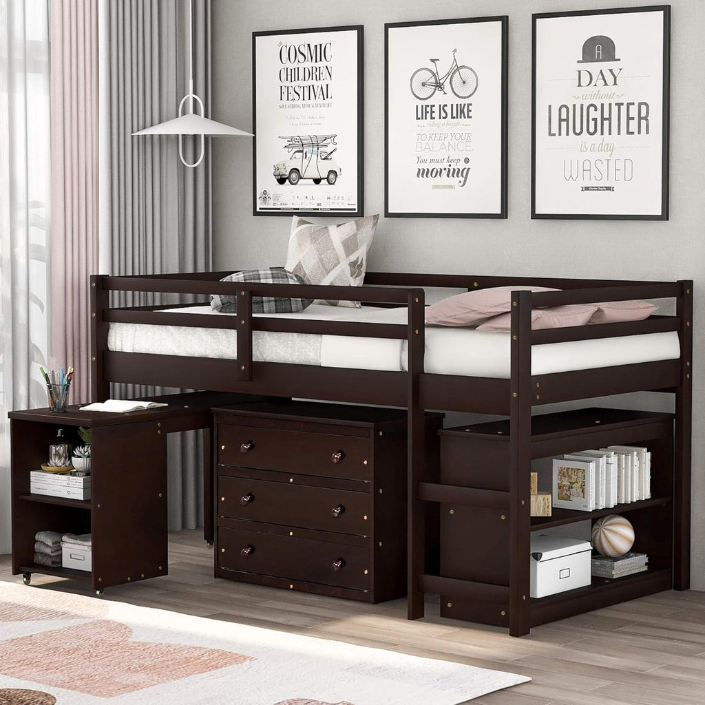 Gray Solid Wood Twin-Size Low Loft Bed Frame with Ladder R34915