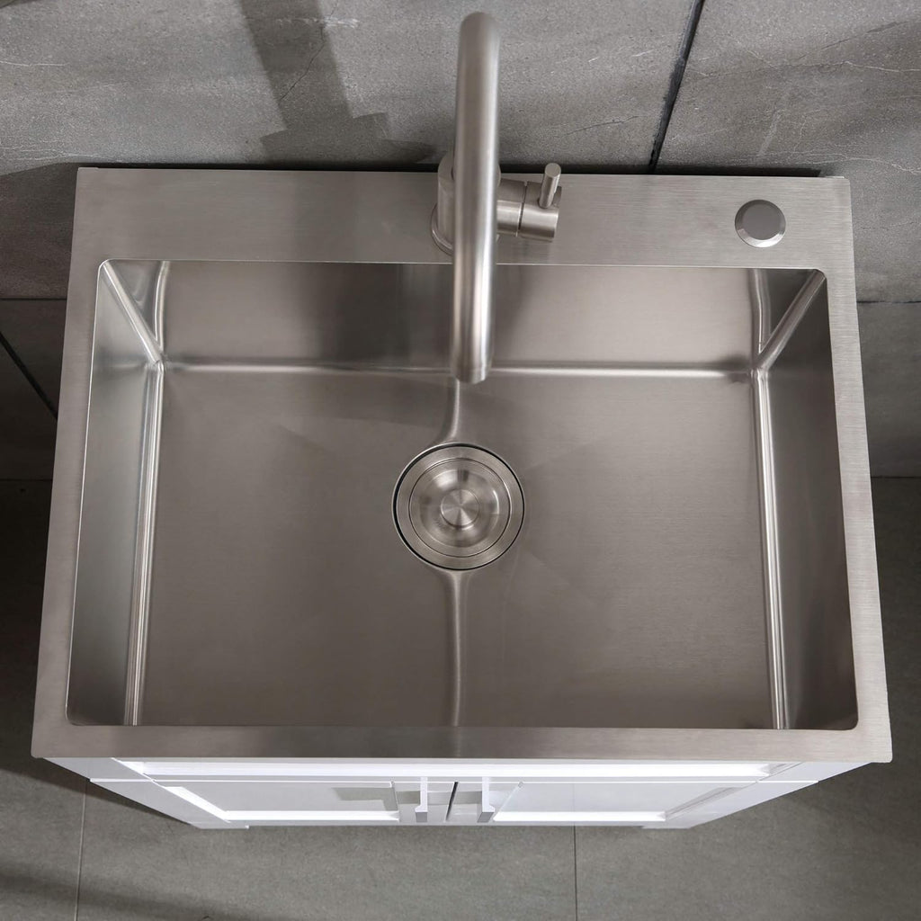 White Laundry Utility Cabinet with Stainless Steel Sink and Faucet M3671