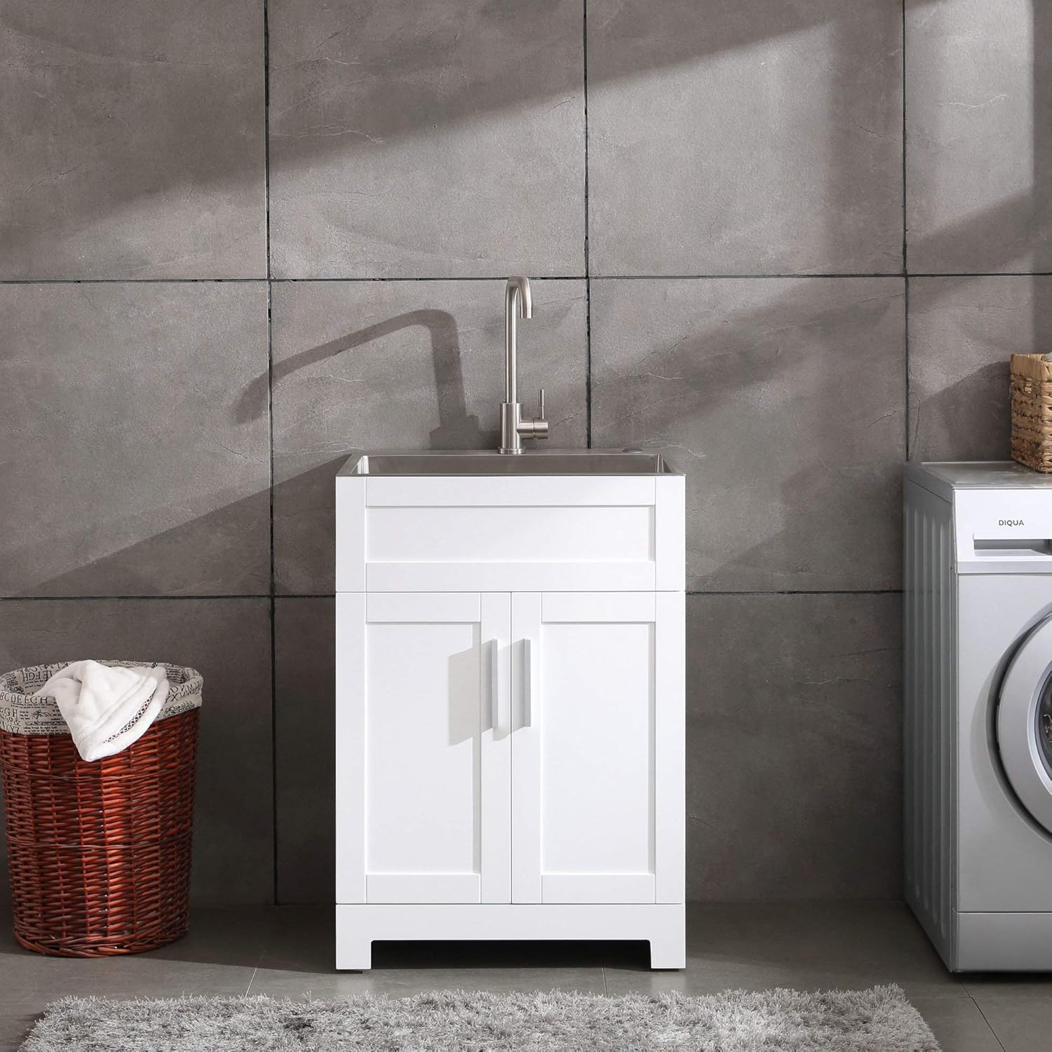 White Laundry Utility Cabinet with Stainless Steel Sink and Faucet M3671