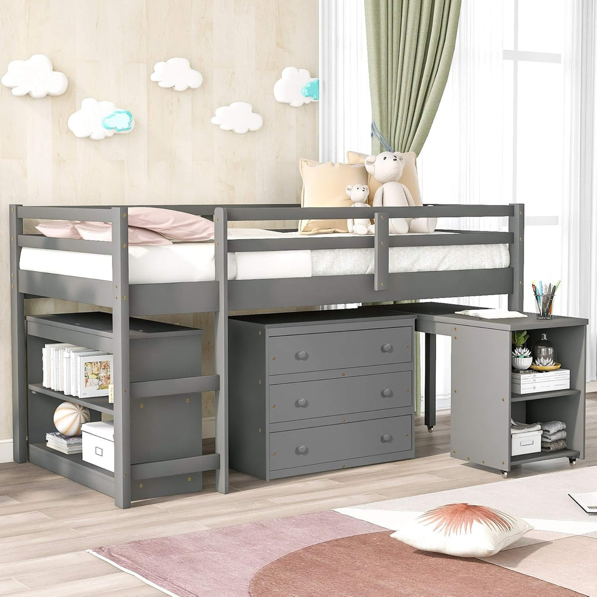 Gray Solid Wood Twin-Size Low Loft Bed Frame with Ladder R34915