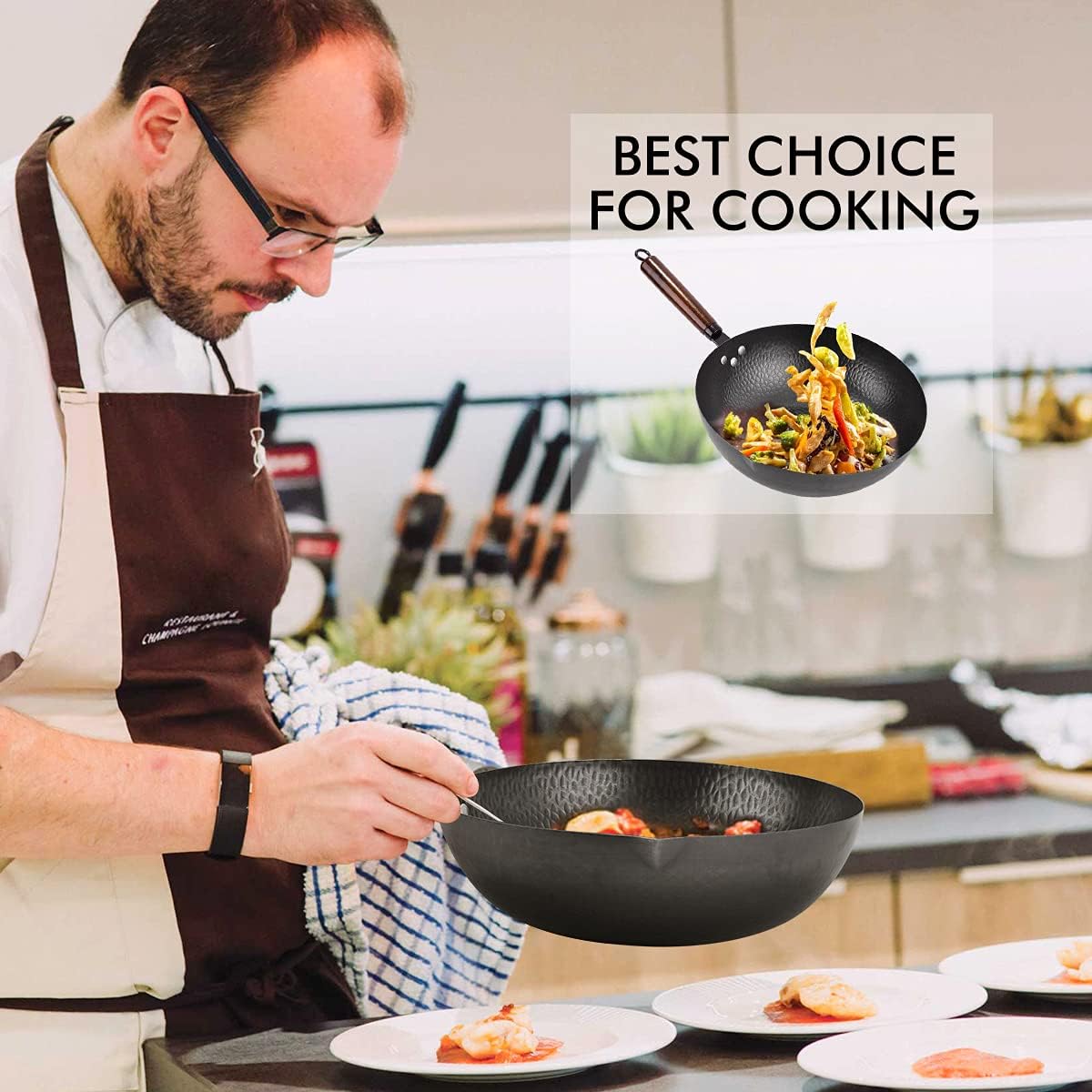13 Pcs Carbon Steel Wok with Wooden Lid & Handle U190324
