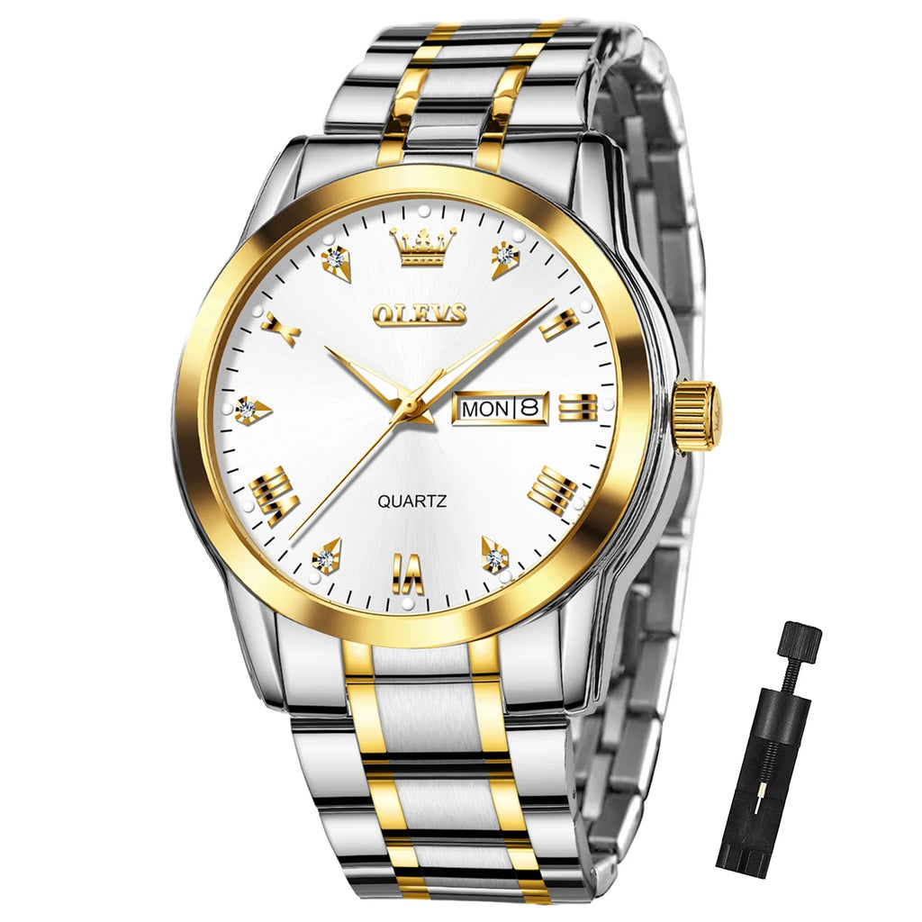 Stainless Steel Analog Quartz Waterproof Luminous Day-Date Wristwatch V403