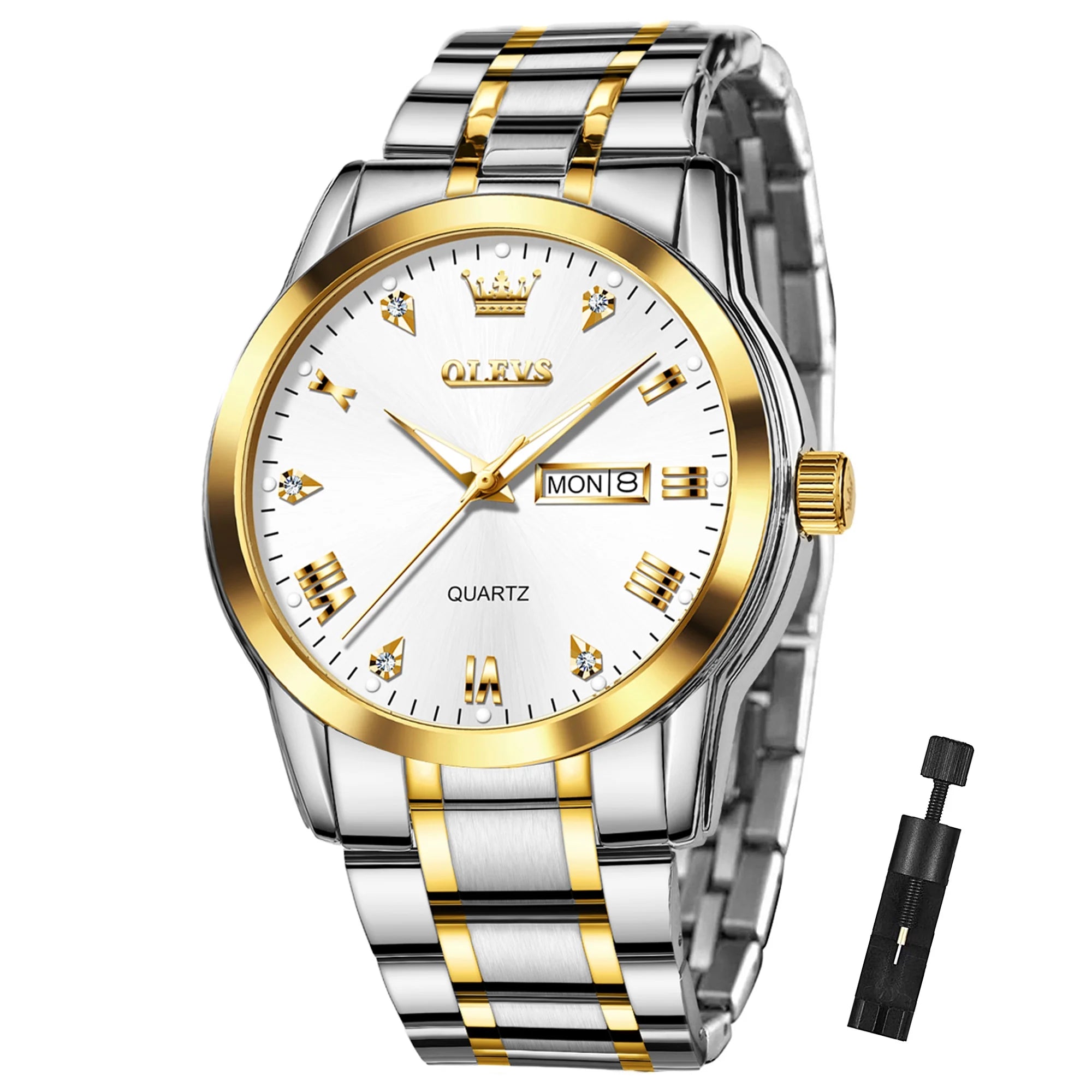 Stainless Steel Analog Quartz Waterproof Luminous Day-Date Wristwatch V403