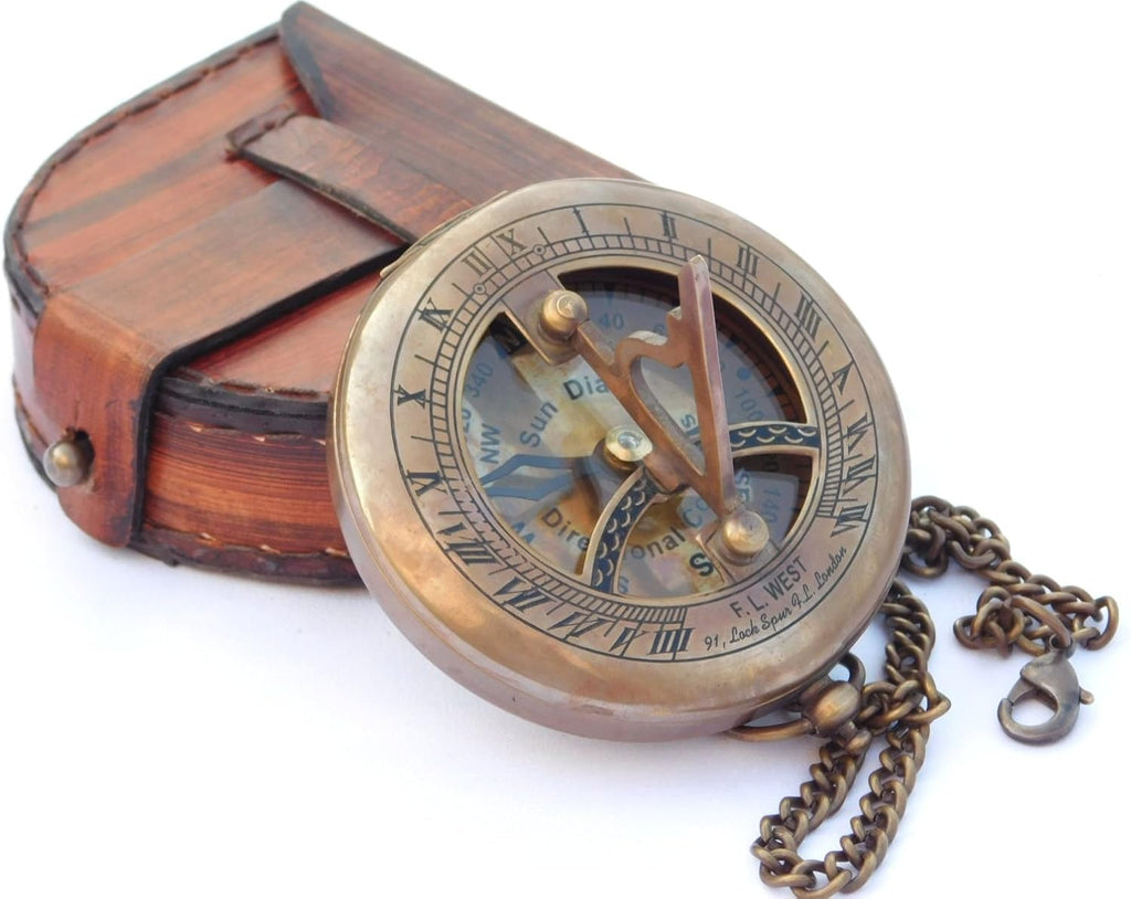 Brass Sundial Compass with Leather Case and Chain X6406